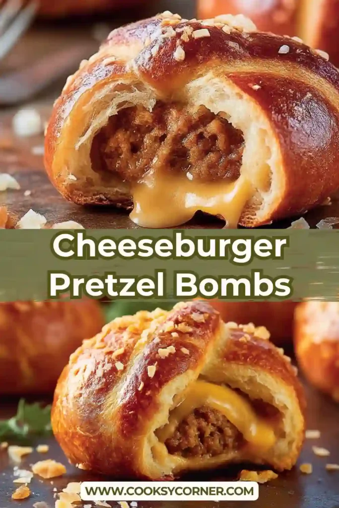 Freshly baked pretzel bombs stuffed with beef meatballs and cheese, brushed with egg and sprinkled with coarse salt.