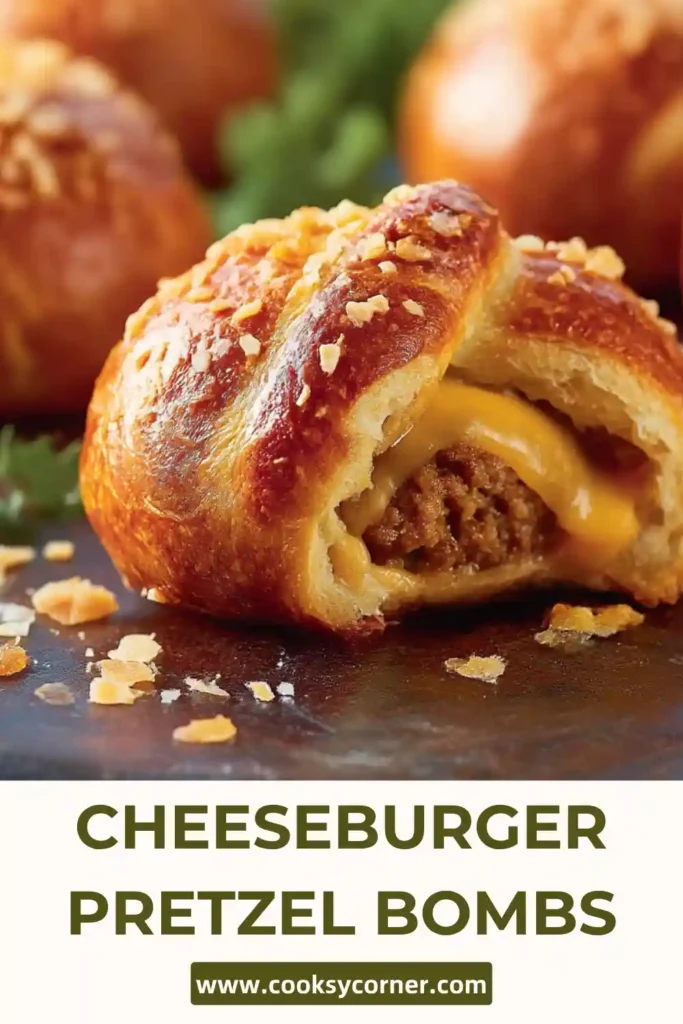 Close-up of cheeseburger pretzel bombs showing soft pretzel crust and gooey cheese filling with meatballs.