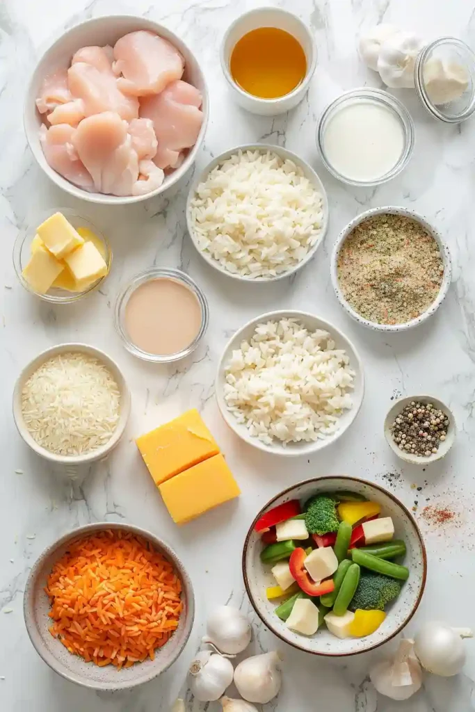 Homemade chicken and rice casserole topped with golden melted cheese.