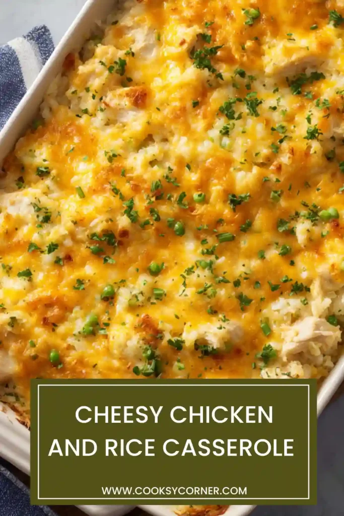 Creamy chicken and rice casserole with vegetables and melted cheese served in a baking dish.