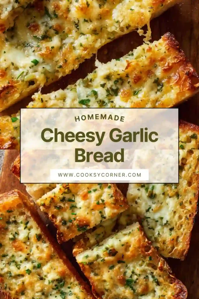 Cheesy Garlic Bread with melted mozzarella and Parmesan baked until golden and bubbly.