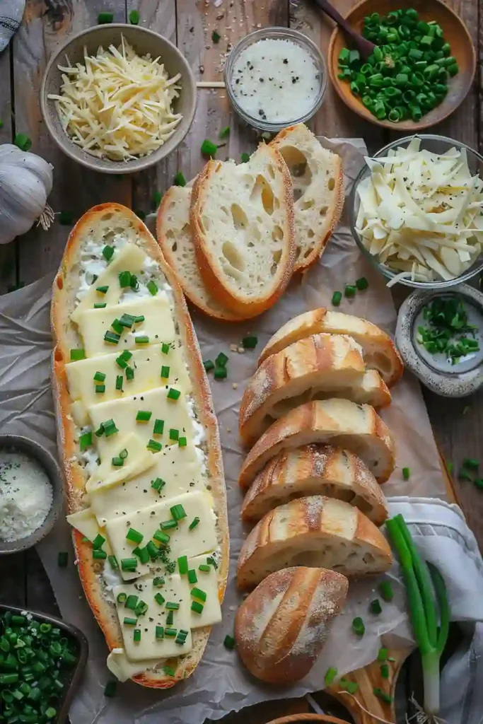 Italian bread with garlic butter and melted cheese on a baking tray.