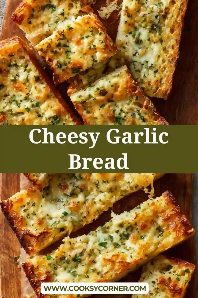 Close-up of garlic bread slices with melted cheese and crispy edges.