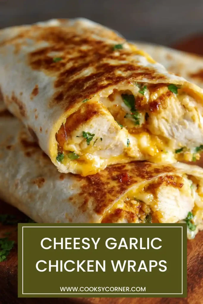 Golden brown chicken tortilla wrap filled with garlic chicken mixture and cheddar cheese served on a plate.