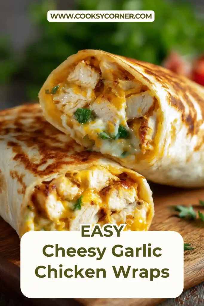 High protein cheesy garlic chicken wrap served on a white plate with creamy filling and toasted tortilla exterior.