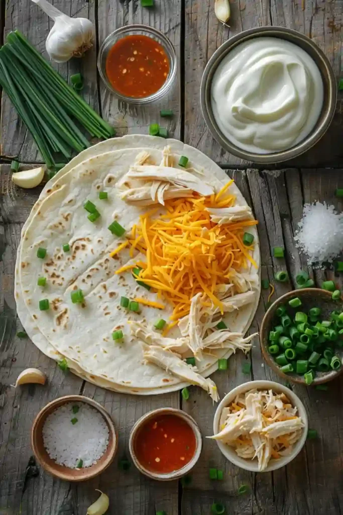 Close up of cheesy garlic chicken wraps with creamy chicken filling and crispy tortilla exterior.