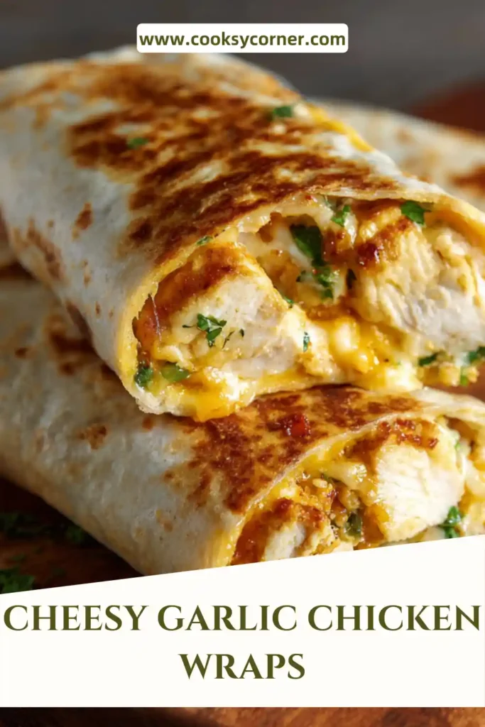 Homemade cheesy garlic chicken wrap cooked in a skillet until crispy with melted cheese and chopped green onions.