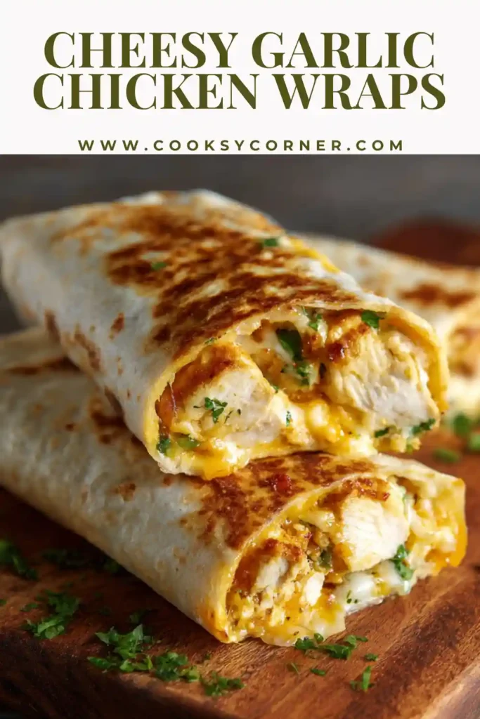 Crispy cheesy garlic chicken wraps sliced in half showing melted cheese and creamy garlic chicken filling inside a toasted tortilla.