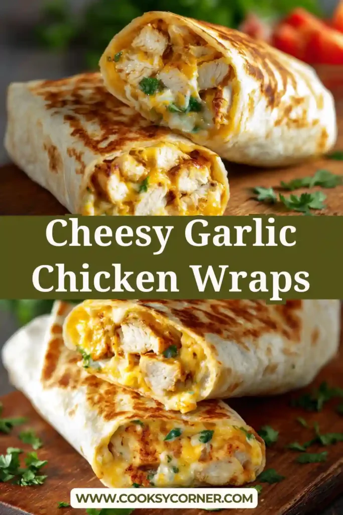 Cheesy Garlic Chicken Wrap sliced in half showing melted cheddar cheese and creamy garlic chicken filling inside a crispy tortilla.