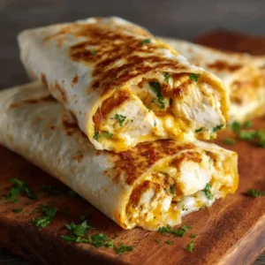 Crispy cheesy garlic chicken wraps sliced in half showing melted cheese and creamy garlic chicken filling inside a toasted tortilla.