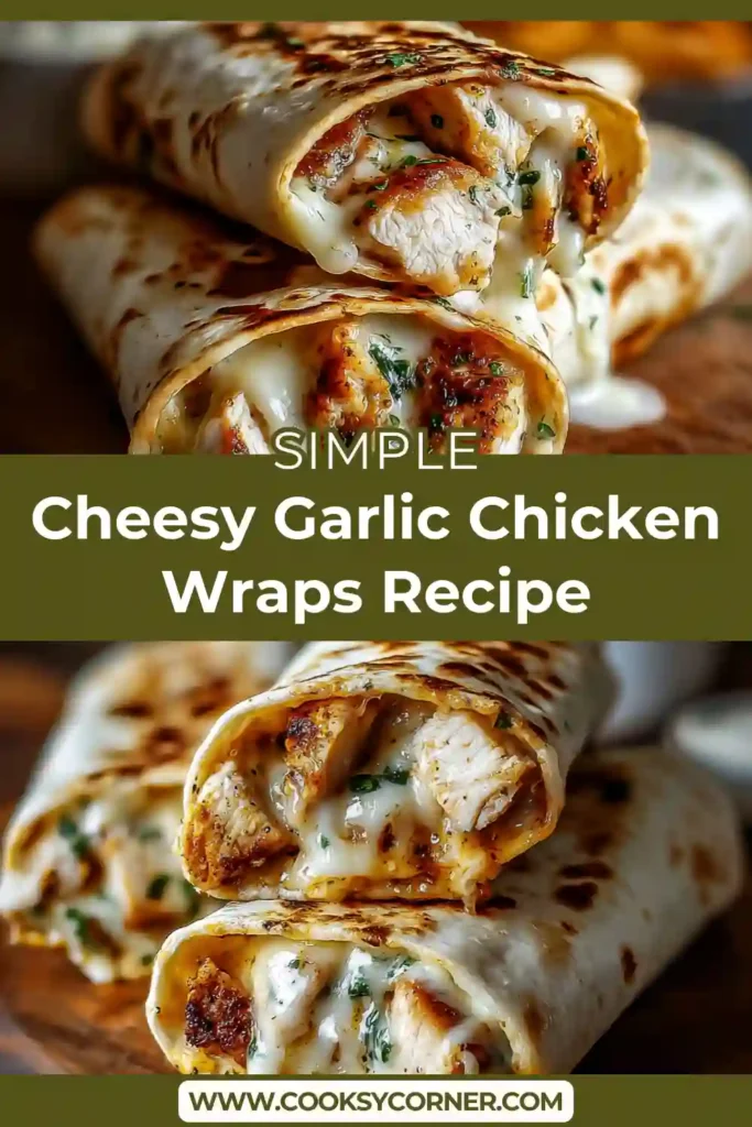 Close-up of creamy garlic chicken wraps cooked in a skillet with crispy tortillas and gooey melted cheese.