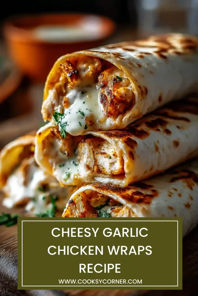 Homemade cheesy garlic chicken wrap served warm with melted cheese and tender shredded chicken wrapped in a golden grilled tortilla.