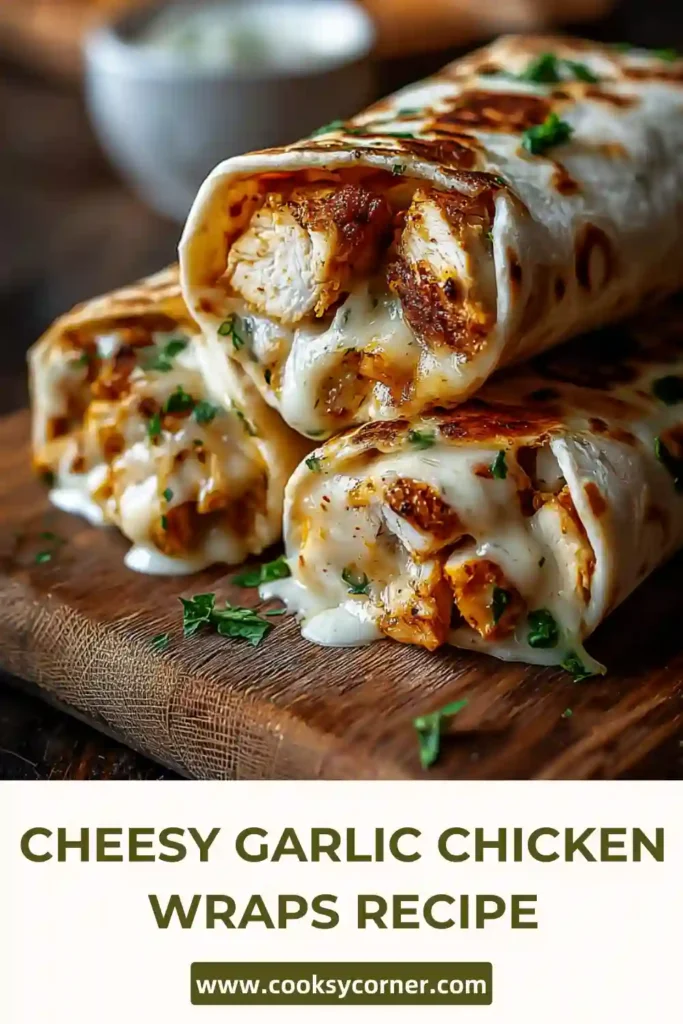 Golden crispy cheesy garlic chicken wraps sliced in half, showing creamy shredded chicken filling with melted mozzarella cheese inside toasted tortillas.