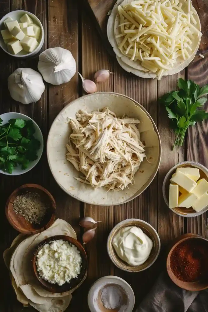 Freshly cooked cheesy garlic chicken wraps garnished with parsley and served on a plate for an easy lunch recipe.