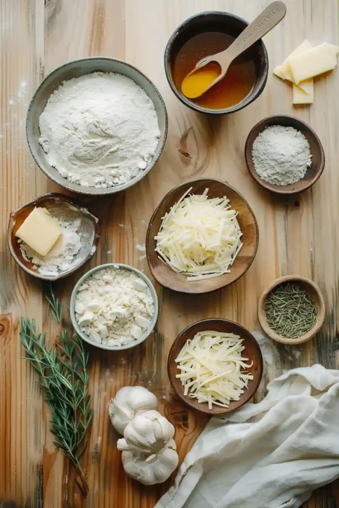 Cinnamon-roll style garlic butter rolls with herbs and melted cheese. Rustic homemade bread presentation.