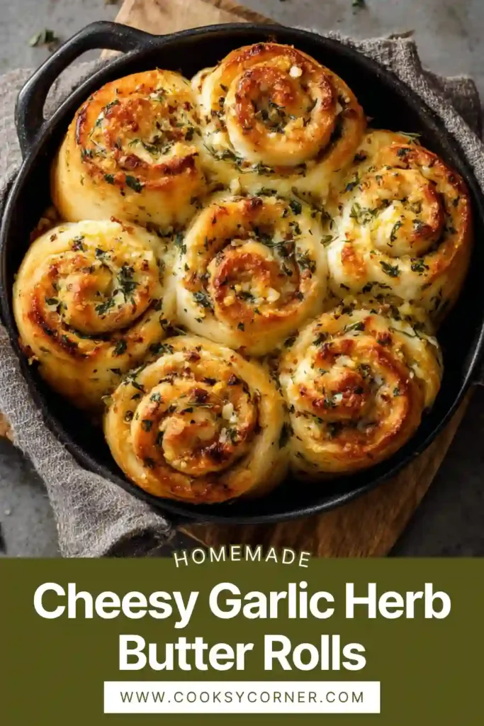 Homemade garlic herb rolls brushed with butter and topped with herbs and cheese. Warm and freshly baked.