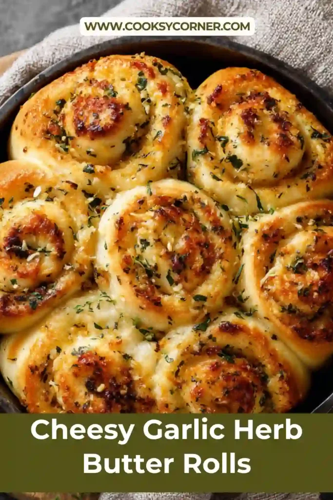 Cheesy garlic herb butter rolls baked golden brown in a tray with visible swirl layers and melted cheese topping. Soft and fluffy texture.