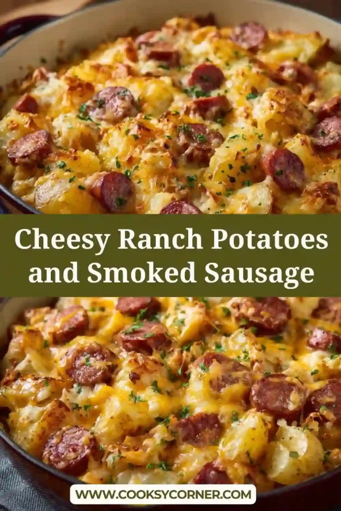 Rustic skillet of cheesy ranch potatoes and beef smoked sausage garnished with parsley and melted cheese for a hearty weeknight dinner.