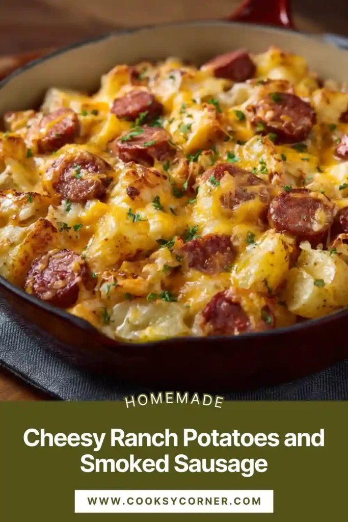 Close-up of cheesy ranch potatoes with smoked sausage cooked in a skillet with melted cheddar and ranch seasoning for a creamy one pan meal.