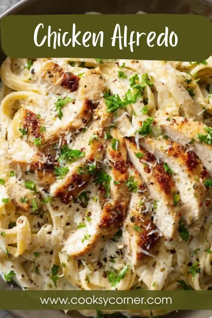 Creamy Chicken Alfredo pasta topped with sliced chicken and parsley on a plate. The rich sauce coats the fettuccine perfectly for a cozy fall meal.