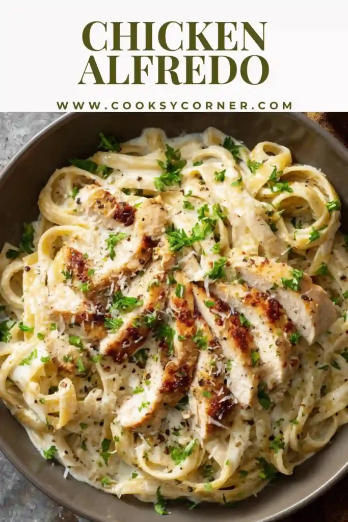 Bowl of creamy chicken alfredo pasta garnished with herbs and parmesan. A rich and cozy comfort food dish.