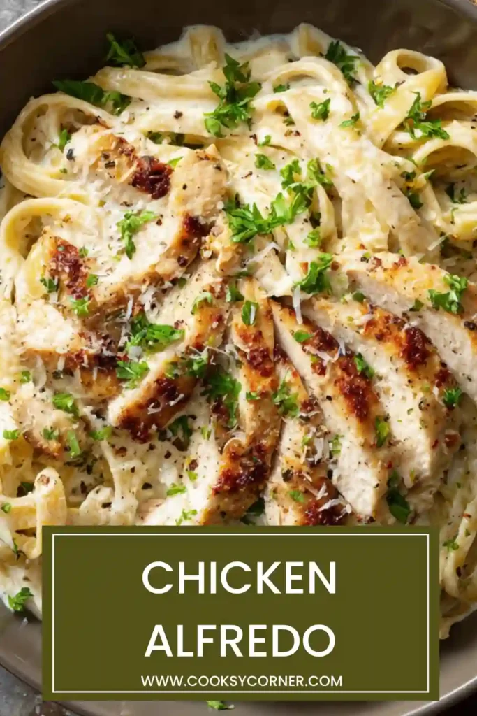 Close-up of Chicken Alfredo showing creamy sauce texture and juicy chicken slices. Perfect warm pasta recipe for fall evenings.