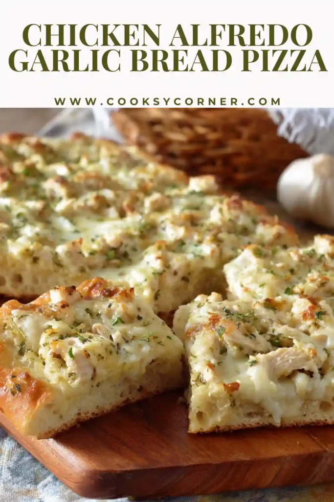 Overhead view of homemade garlic bread pizza topped with creamy Alfredo sauce and chopped chicken.