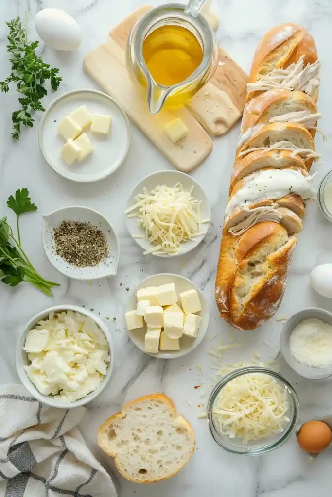 Freshly baked chicken Alfredo garlic bread pizza cut into slices with melted cheese stretching.