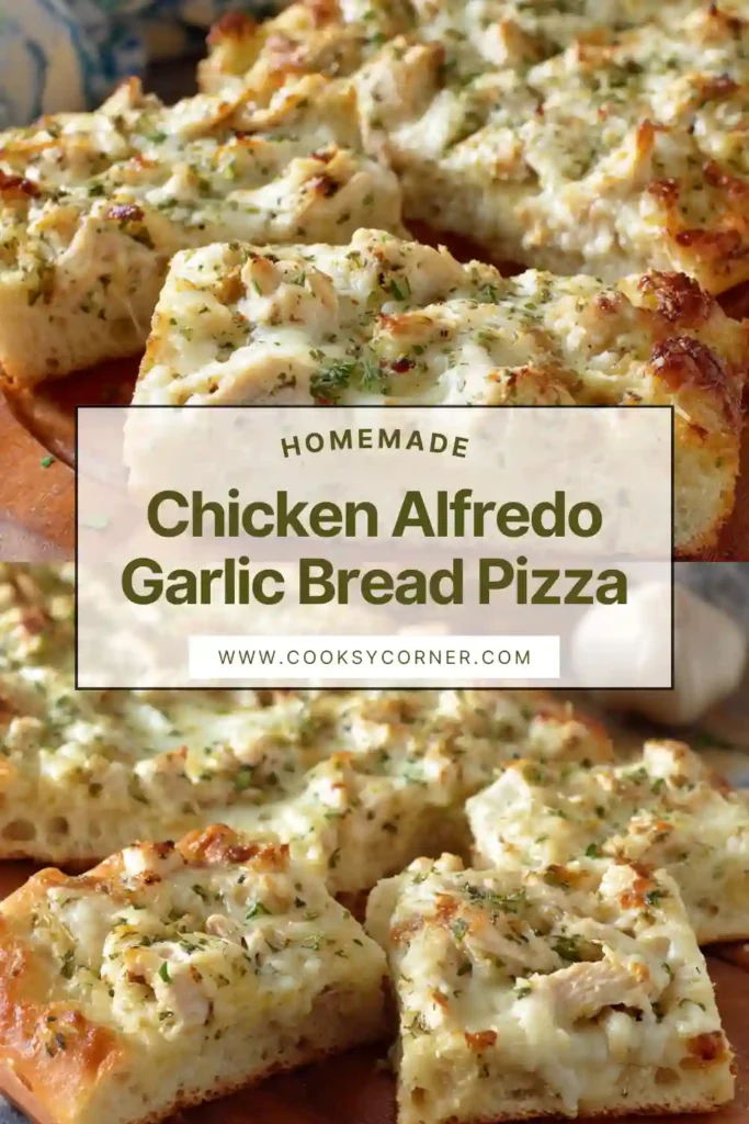 Close-up of cheesy chicken Alfredo pizza on garlic bread with golden bubbly cheese and crispy edges.
