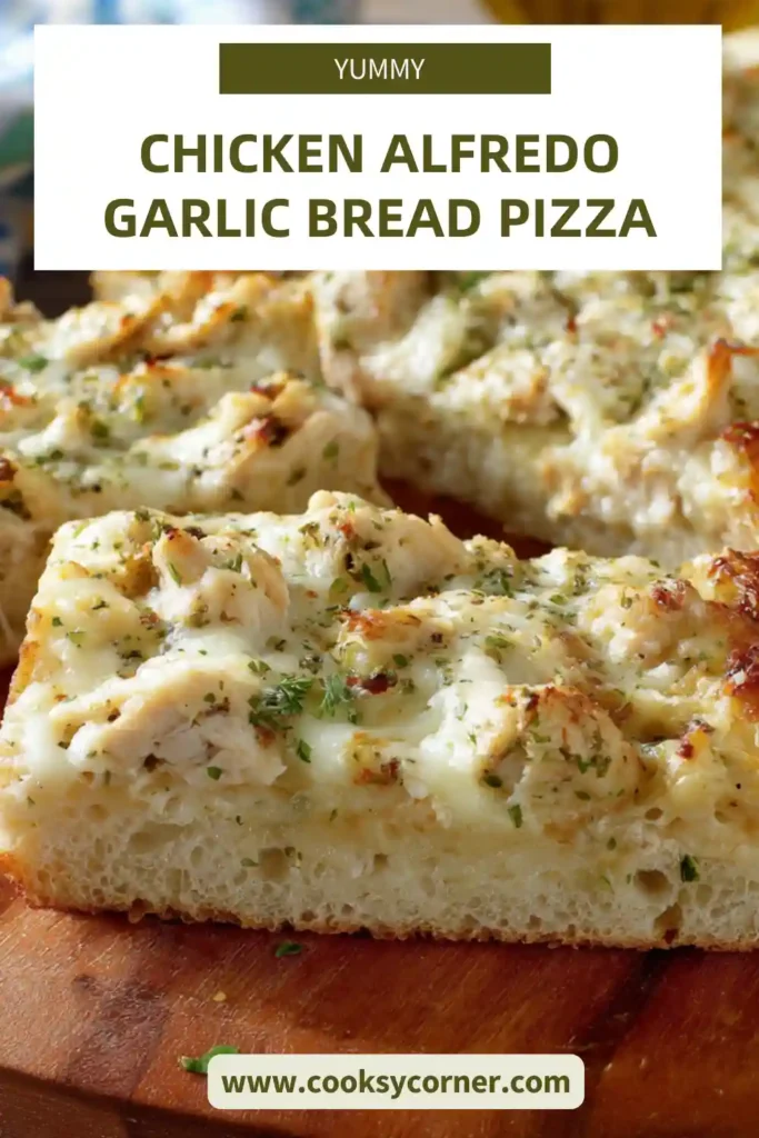 Chicken Alfredo garlic bread pizza sliced and served on a wooden board with melted mozzarella and creamy sauce visible.