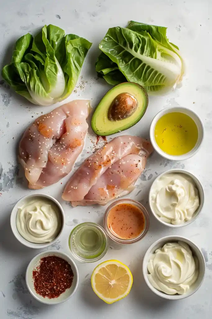 Close-up of chicken avocado lettuce wraps garnished with avocado and creamy dressing.