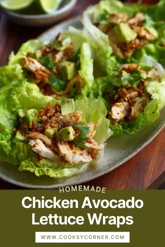 Healthy chicken lettuce wraps with avocado and creamy chipotle dressing served on a white plate.