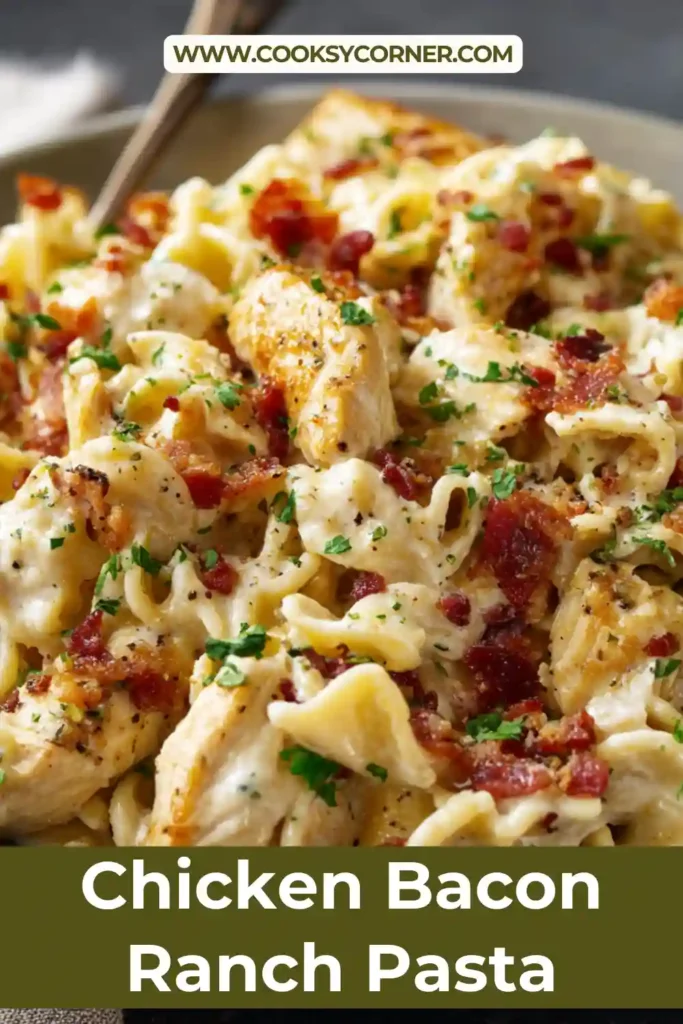 Close-up of creamy chicken ranch pasta topped with crispy turkey bacon.