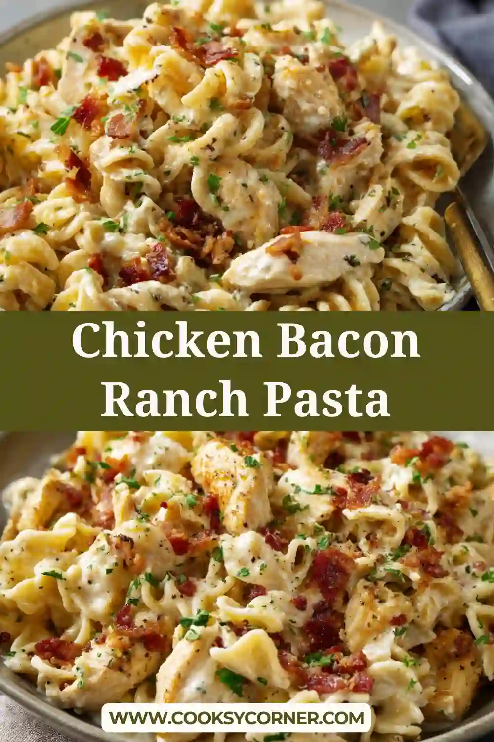 Bowl of Chicken Bacon Ranch Pasta with tender chicken, rotini pasta, and creamy ranch cheese sauce.