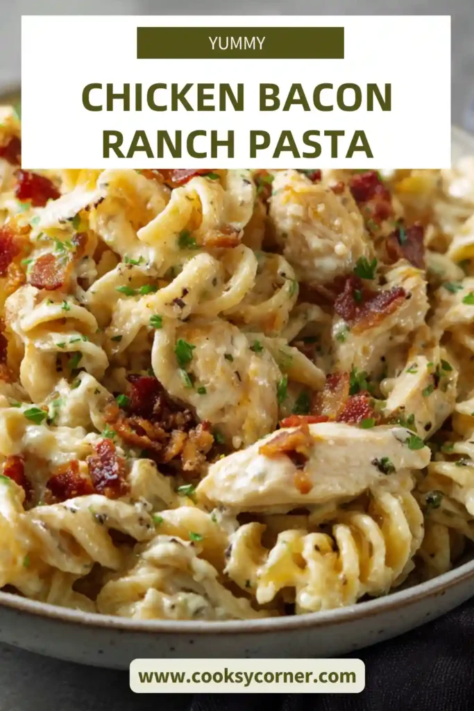 Creamy Chicken Bacon Ranch Pasta with cheddar cheese and turkey bacon in a rich ranch sauce.