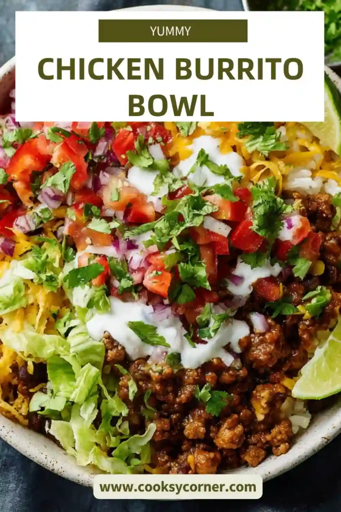 Overhead view of a homemade burrito bowl with chipotle chicken, rice, and vibrant toppings.