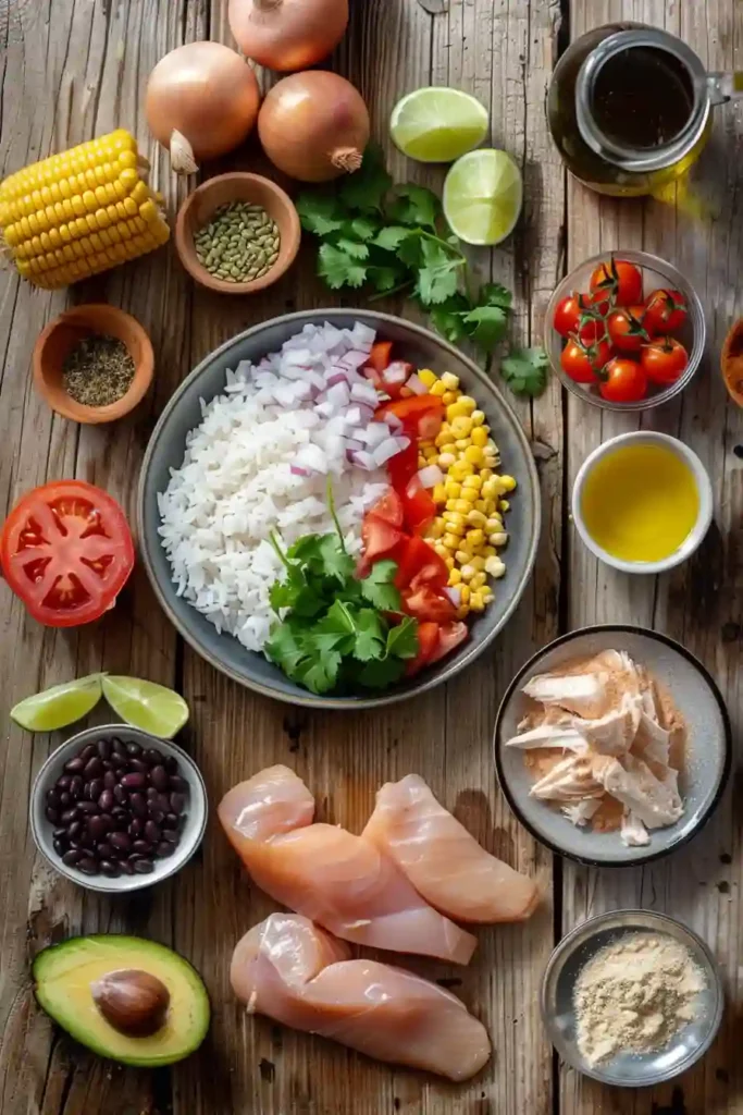 Overhead view of a homemade burrito bowl with chipotle chicken, rice, and vibrant toppings.