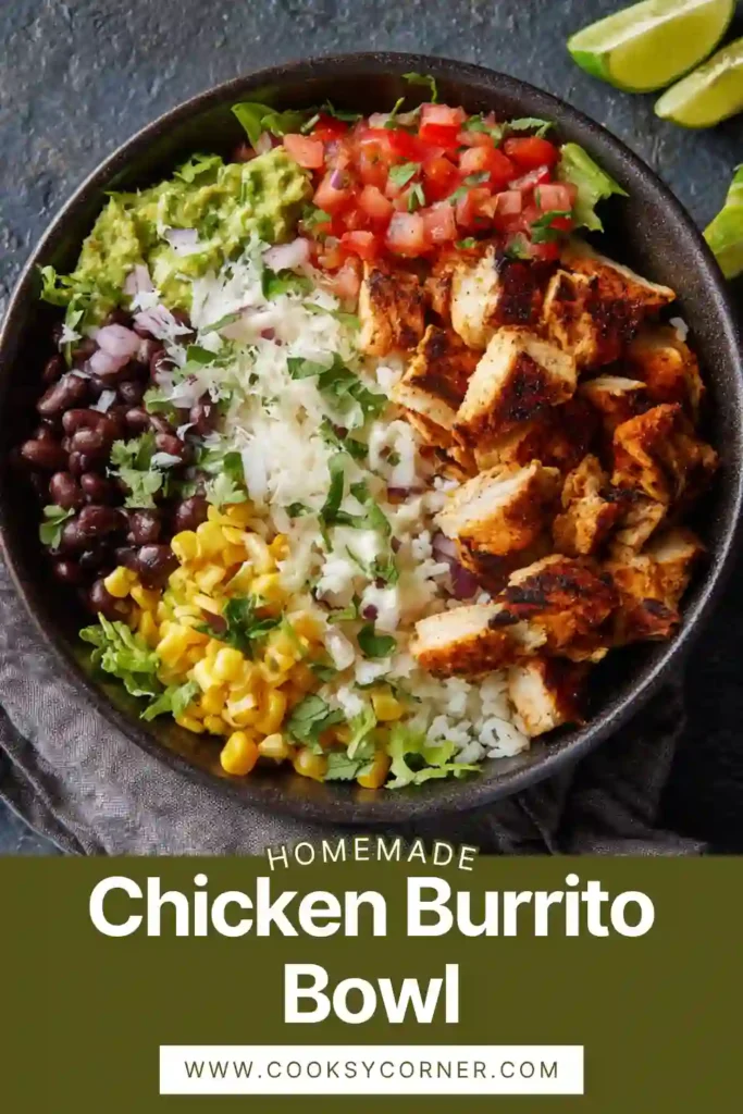 Close-up of a healthy chicken burrito bowl topped with fresh vegetables and cilantro lime rice.