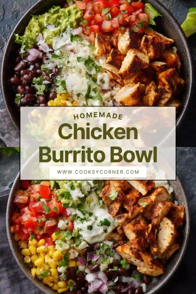 A colorful chicken burrito bowl with rice, grilled chicken, black beans, corn, and avocado arranged in a serving bowl.