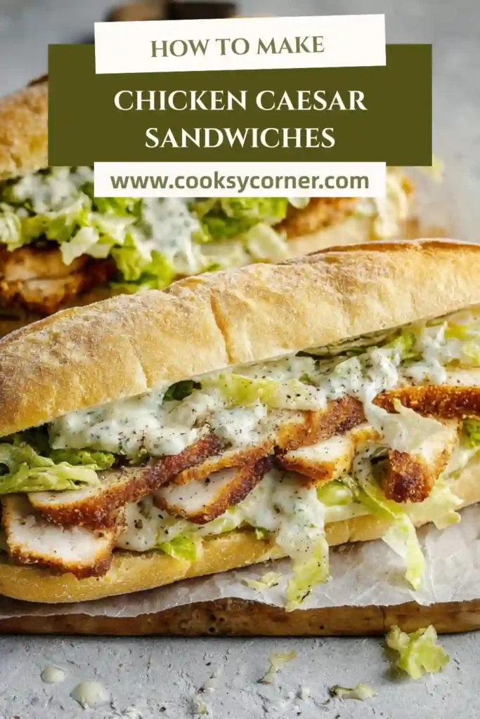 Close-up of Chicken Caesar Sandwiches with crunchy coating, creamy dressing, and fresh greens in toasted bread.