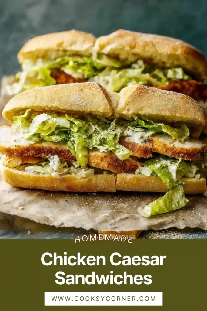 Golden fried chicken layered with Caesar dressing and lettuce inside a toasted baguette sandwich. Delicious and easy lunch idea.