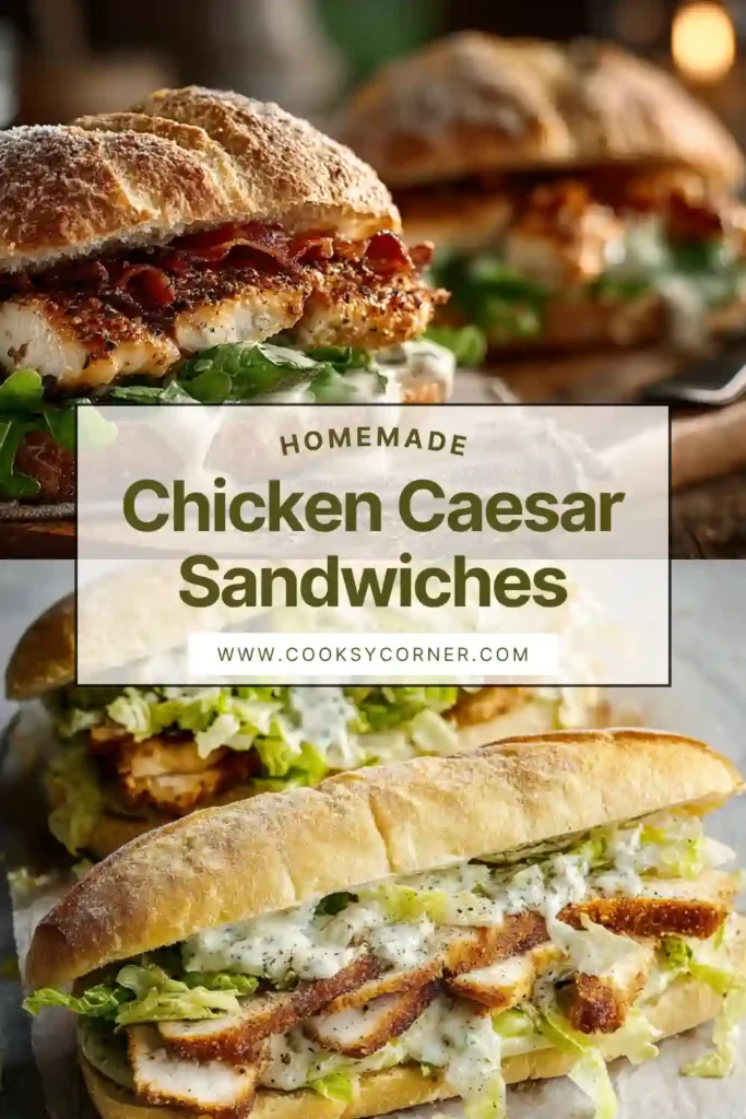 Crispy chicken Caesar sandwiches served in toasted hoagie rolls with fresh romaine and Parmesan cheese. Perfect homemade sandwich meal.