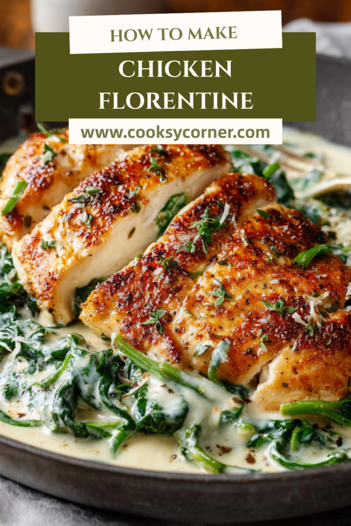 Golden seared chicken breasts in rich spinach cream sauce, perfect Chicken Florentine dinner presentation.