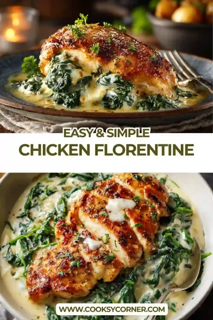 Close-up of Chicken Florentine showing creamy texture, wilted spinach, and tender chicken pieces.