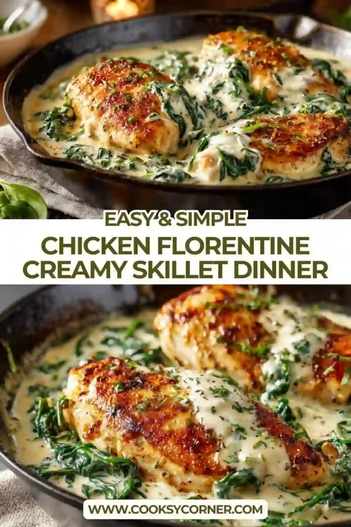 Chicken Florentine plated over pasta with creamy spinach sauce coating each piece. The chicken is golden and topped with chopped parsley.