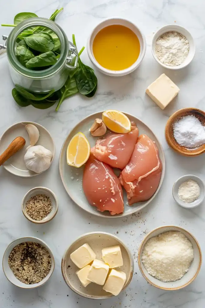 Overhead view of a skillet filled with Chicken Florentine, featuring tender chicken breasts and vibrant green spinach in a creamy white sauce.