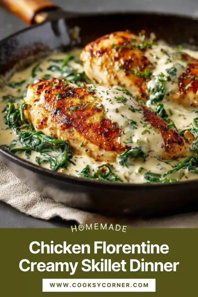 Close-up of Chicken Florentine showing golden pan-seared chicken in a creamy spinach sauce. Fresh herbs and lemon add brightness to this Italian-inspired dish.