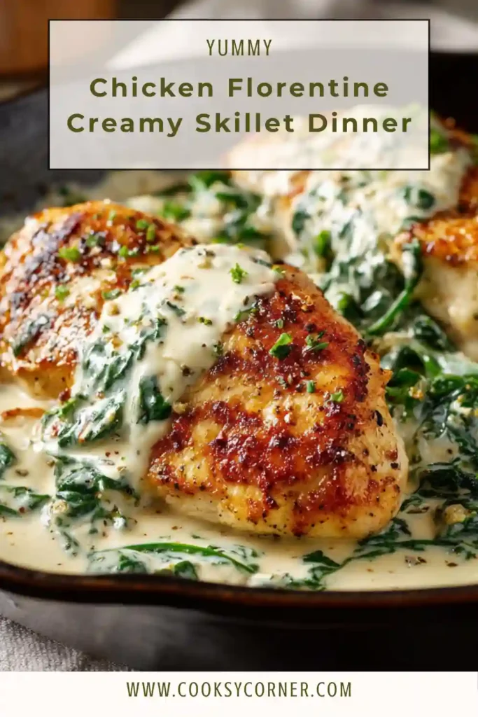 Creamy Chicken Florentine served in a skillet with tender chicken breasts and wilted spinach in a rich garlic Parmesan sauce. The sauce is smooth and glossy with fresh parsley on top.