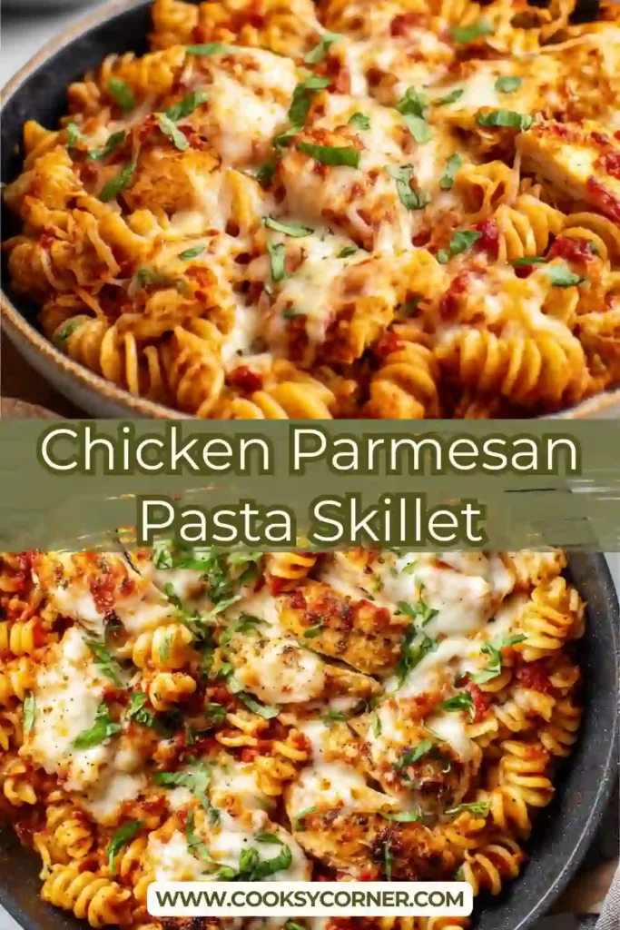 One-pan chicken parmesan pasta with tomato sauce and cheese.