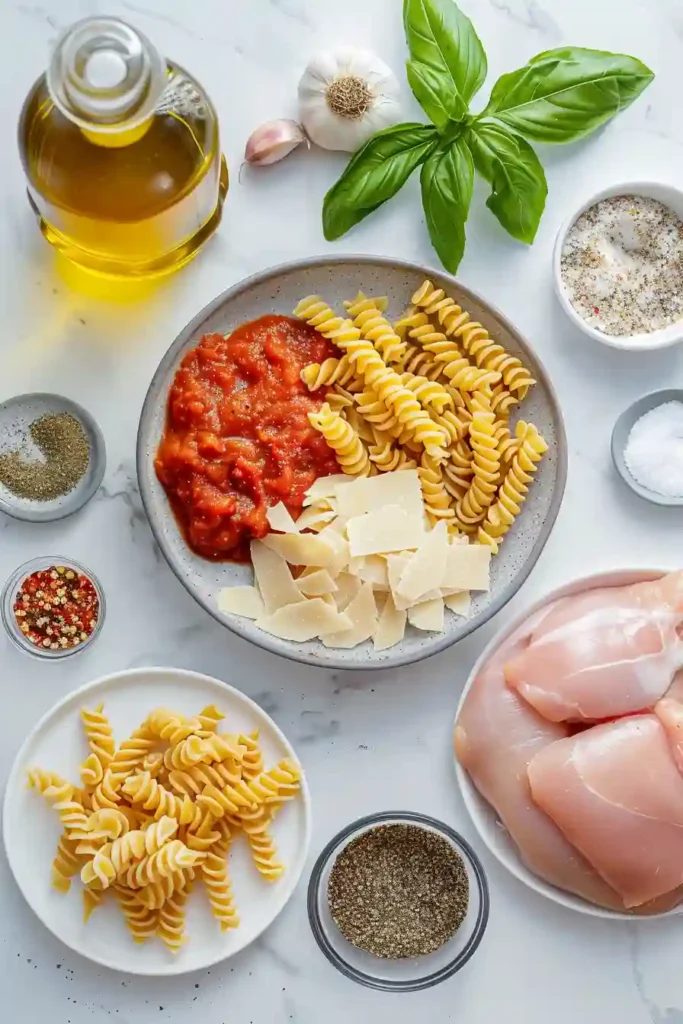 Homemade chicken parmesan pasta served in a skillet.